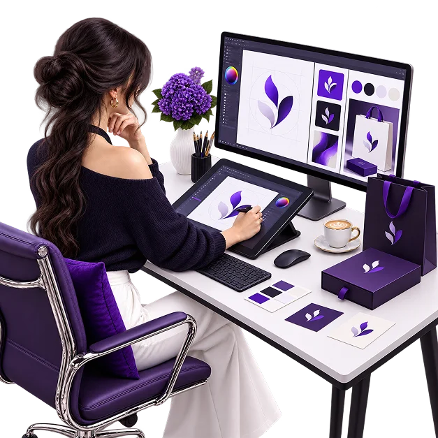 A designer at a workstation drawing a leaf mark, with the finished identity applied to a bag, a box and printed cards beside her.