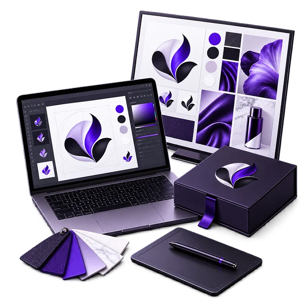 A laptop and a monitor showing a leaf mark beside its moodboard, with material swatches and a branded box on the desk.
