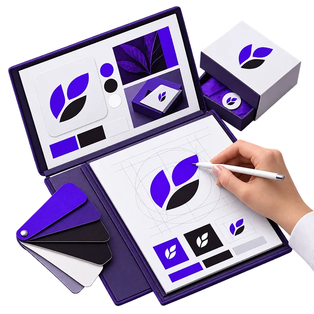 An open brand guidelines folder showing logo construction grids and colour swatches beside a branded box.