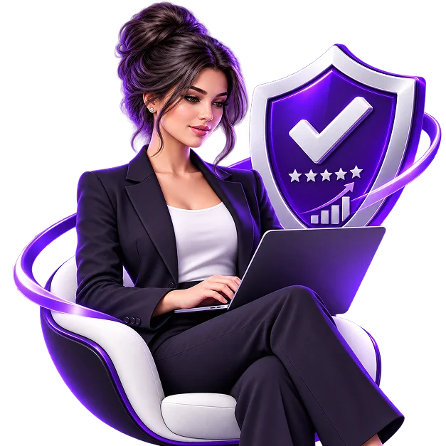 Someone working on a laptop beside a shield carrying a tick, five stars and a rising chart.