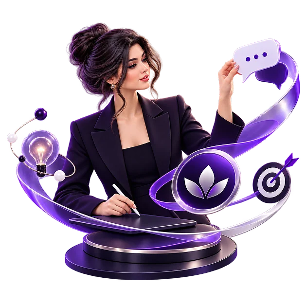 Someone at a drawing tablet surrounded by a speech bubble, a lit bulb, a brand mark and a target.