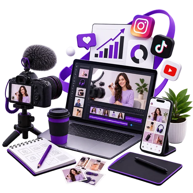 A camera on a tripod, a laptop mid-edit and a phone showing a feed, with social platform badges and a rising chart above them.