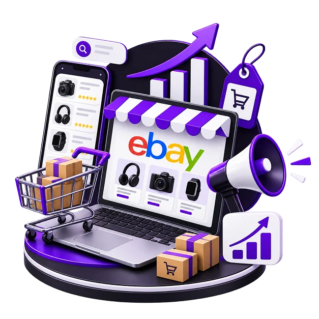 A laptop showing an eBay storefront, with a trolley of parcels, a price tag and a rising chart around it.
