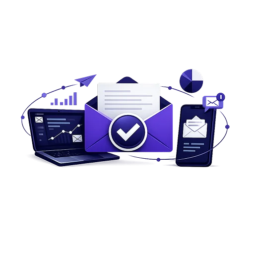 An open envelope carrying a tick, between a laptop showing campaign figures and a phone showing a new-mail alert.