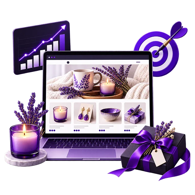 A laptop showing a handmade-goods shop listing, with a lit candle, a ribboned gift box and a rising chart around it.