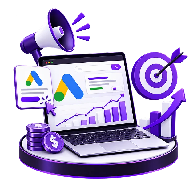 A laptop showing a Google Ads search result, with a megaphone, a target, stacked coins and a rising chart around it.