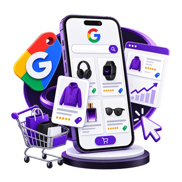 A phone showing Google Shopping product listings with ratings and prices, beside a trolley of bags and a performance panel.