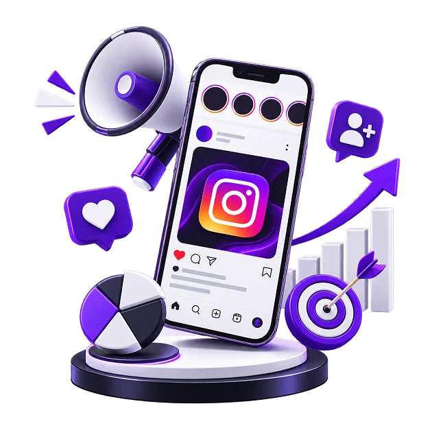 A phone showing an Instagram post, with a megaphone, a like bubble, a follower badge, a target and a rising chart around it.