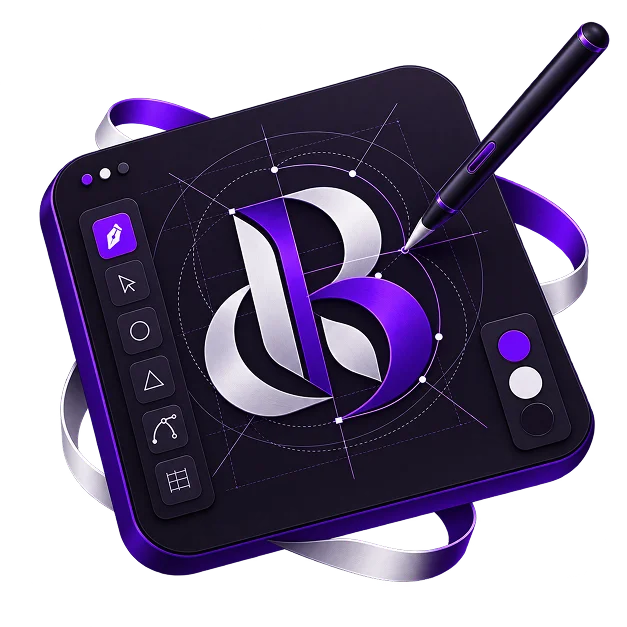 A drawing tablet showing a letter mark being built on construction circles, with a stylus and ribbons around it.