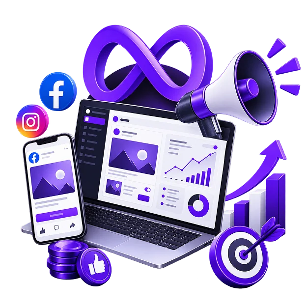 A laptop showing an ad campaign dashboard, with the Meta mark, Facebook and Instagram badges, a megaphone and a target around it.