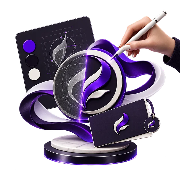 An old mark being redrawn into a new one on a display stand, with a colour palette, a tablet and a rebranded card beside it.