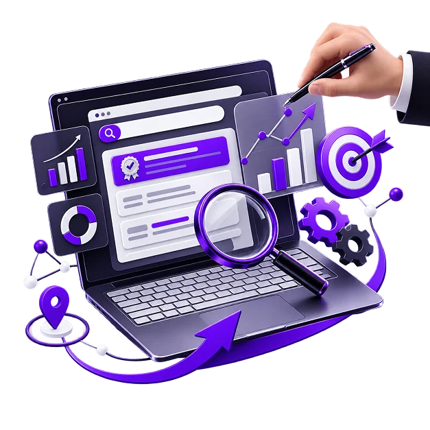 A laptop showing a search results page with a ranked listing, a magnifier, a target, gears and a rising chart around it.