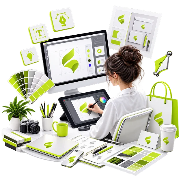 An illustrated design studio scene: a designer at a monitor drawing a leaf mark on its construction grid, with a colour fan, a graphics tablet, stationery, a shopping bag and a cup all carrying the same mark.