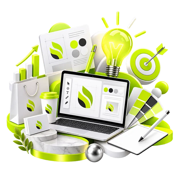 An illustrated brand build: a laptop showing a leaf mark on a construction grid, surrounded by a lightbulb, a target, a colour fan, a stylus and tablet, and packaging carrying the mark.