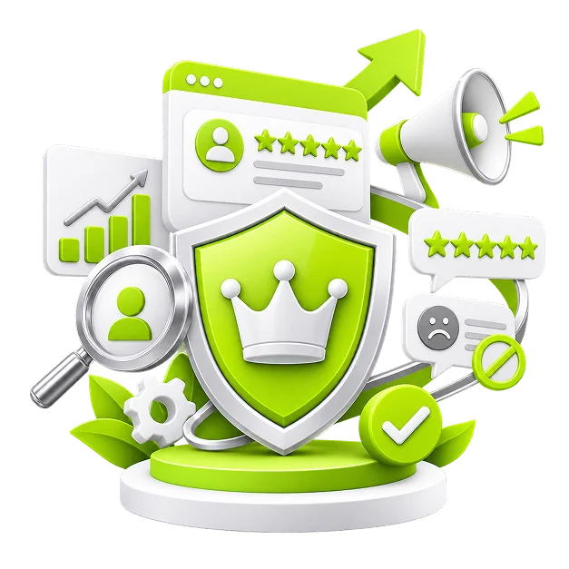 An illustrated reputation scene: a crowned shield in front of a five-star review card, with a megaphone, a rising chart, a magnifier over a profile icon, a tick, and one negative review struck through.