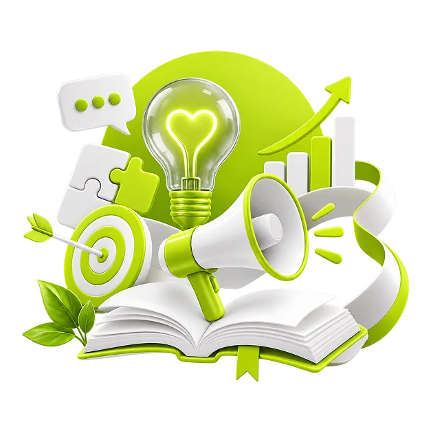 An illustrated messaging scene: a megaphone over an open book, with a lightbulb whose filament is a heart, a speech bubble, two jigsaw pieces, a target and a rising chart around them.