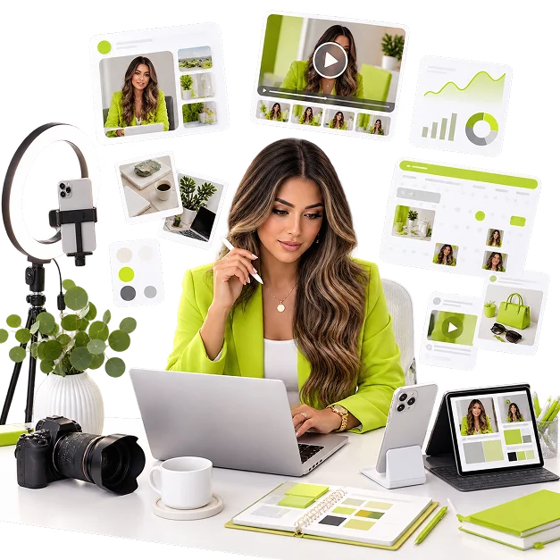 An illustrated content studio: a woman at a laptop surrounded by floating photo, video and analytics panels, with a ring light, a camera, a tablet and a notebook on the desk.