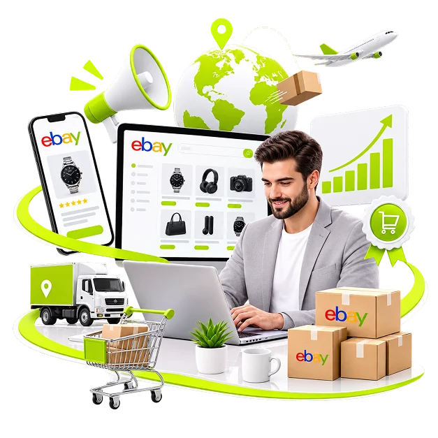 An illustrated eBay scene: a man at a laptop showing an eBay storefront grid, with a phone listing a watch, a globe, a plane, a delivery truck, a trolley and eBay-branded parcels around him.
