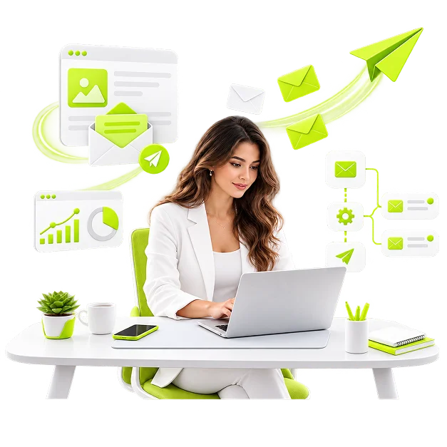 An illustrated email scene: a woman at a laptop with envelopes trailing a paper plane above her, beside a campaign panel and an automation flow of envelopes and a gear.