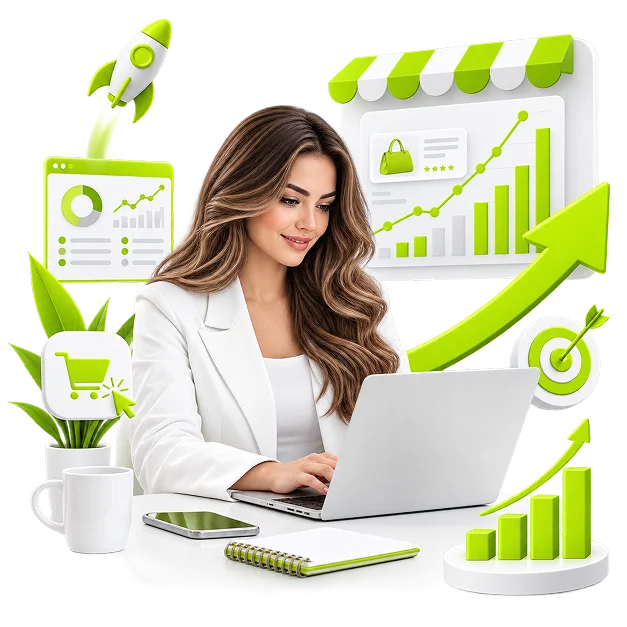 An illustrated marketplace scene: a woman at a laptop with a storefront panel under a striped awning, and a rising chart, a rocket, a target and a cart icon around her.