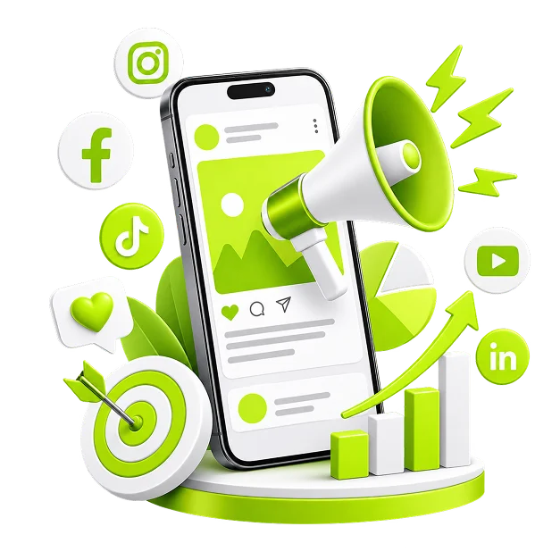 An illustrated social scene: a phone showing a feed post with a megaphone across it, ringed by Facebook, Instagram, TikTok, YouTube and LinkedIn badges, a heart, a target and a rising bar chart.