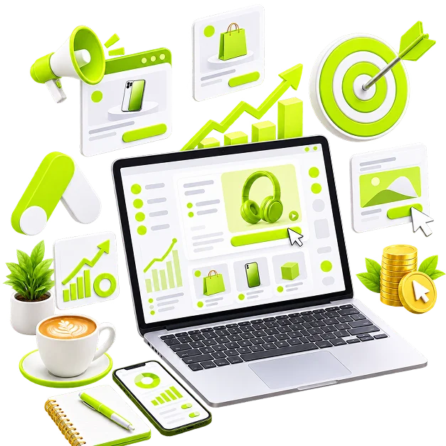 An illustrated ads scene: a laptop showing a product results page with one headphone listing selected, surrounded by ad panels, a target, a rising chart, cursors and a stack of coins.