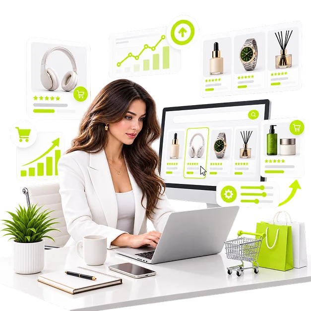 An illustrated shopping ads scene: a woman at a laptop beside a monitor of product listings with prices and ratings, with floating product cards, a rising chart, a trolley and shopping bags.