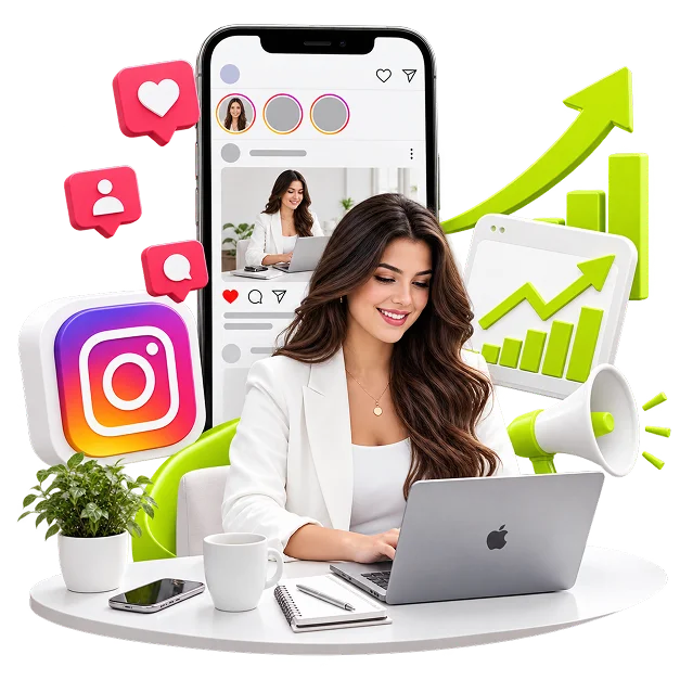 An illustrated Instagram scene: a woman at a laptop in front of a phone showing a feed, with the Instagram badge, like, comment and follower bubbles, a rising chart and a megaphone.