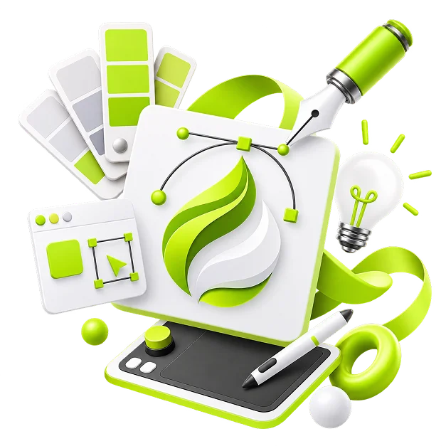 An illustrated logo scene: a leaf mark on a card with its bezier construction path, a fountain pen, colour swatch cards, a lightbulb, a graphics tablet and a stylus.
