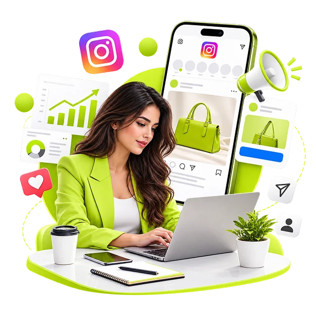 An illustrated Meta ads scene: a woman at a laptop beside a phone showing a sponsored post for a bag, with the Instagram badge, a megaphone, a rising chart and engagement icons.