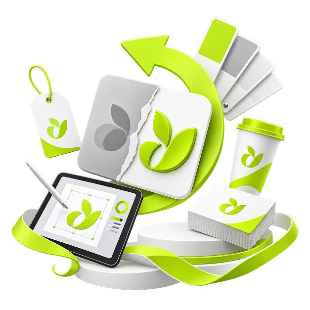 An illustrated rebrand: a torn card where an old grey mark gives way to a new green one under a curving arrow, with a tablet redrawing it, a colour fan, a tag, a cup and business cards.