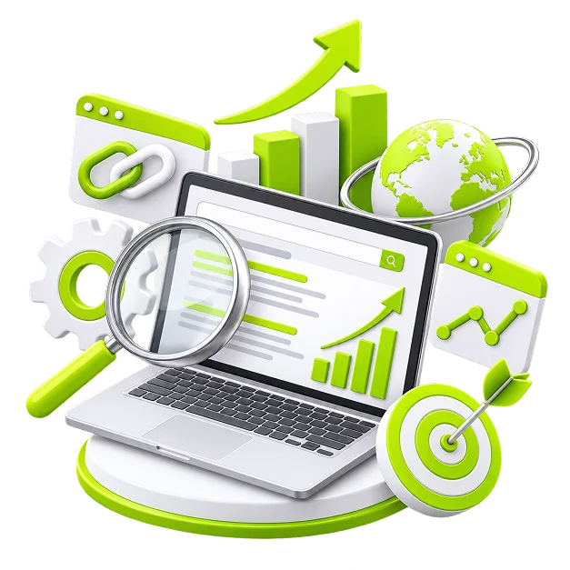 An illustrated SEO scene: a magnifier over a laptop showing a search results page, with a rising bar chart and arrow, a globe, a link badge, an analytics panel, a gear and a target.