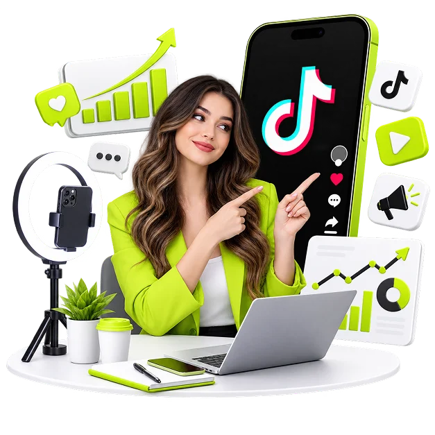 An illustrated TikTok scene: a woman at a laptop pointing to a phone showing the TikTok logo, with a ring light, engagement icons, a megaphone and rising charts around her.