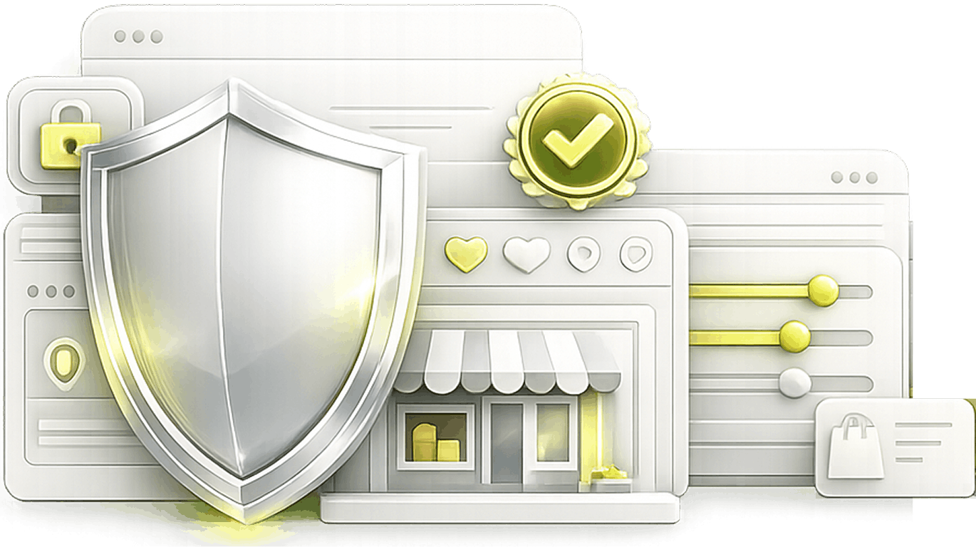 Illustration of account health monitoring: a protective shield and compliance badge in front of seller dashboards and a rising performance chart.