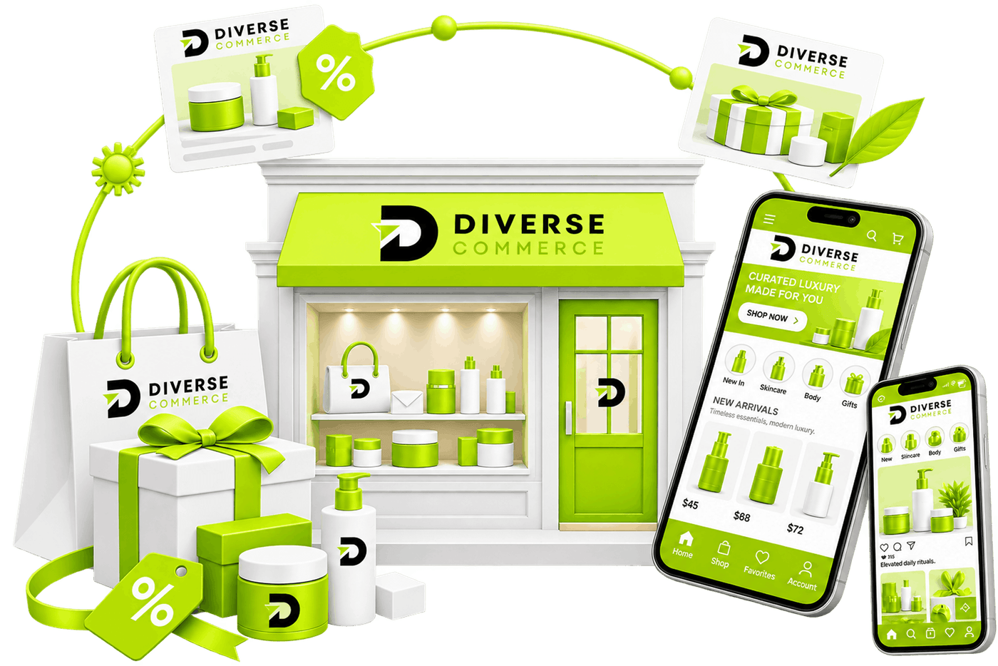Illustration of store branding and promotion: a branded boutique shopfront with a lit product display, beside branded bags, a gift box, discount tags and two phones showing the mobile storefront and a social post.