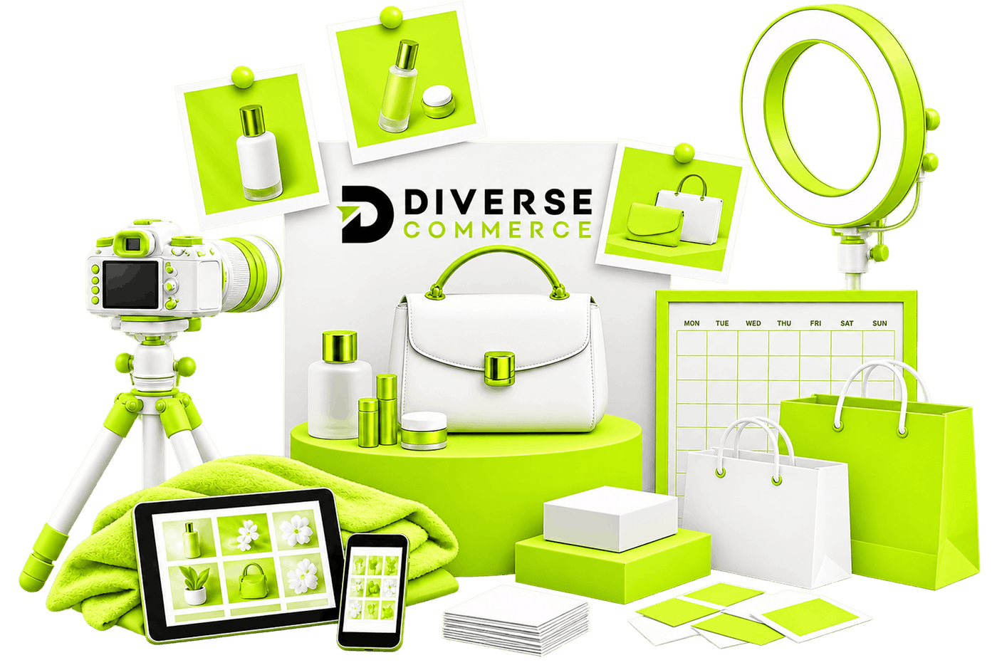 Illustration of a product content shoot: a camera on a tripod and a ring light trained on a styled handbag and skincare set, with pinned product photos, a content calendar and a tablet and phone showing the finished grid.