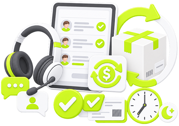Illustration of after-sales support: a support headset and chat bubbles beside a resolved ticket queue, a return parcel and a refund symbol.
