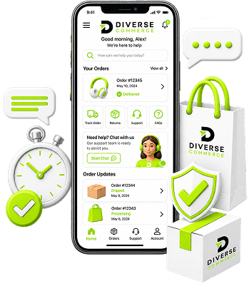 Illustration of ecommerce customer support: a phone open on a help centre with order updates and a live chat, framed by chat bubbles, a stopwatch, a resolved-query shield, a branded shopping bag and a packed parcel.