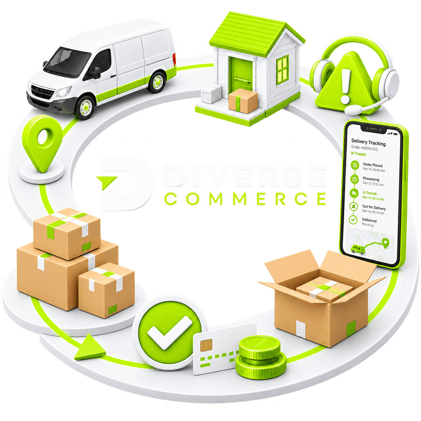 Illustration of the delivery and returns loop: a delivery van, a doorstep drop-off and an issue alert set around one track, with outbound parcels, an opened return box, a phone showing delivery tracking, and a refund card and coins.