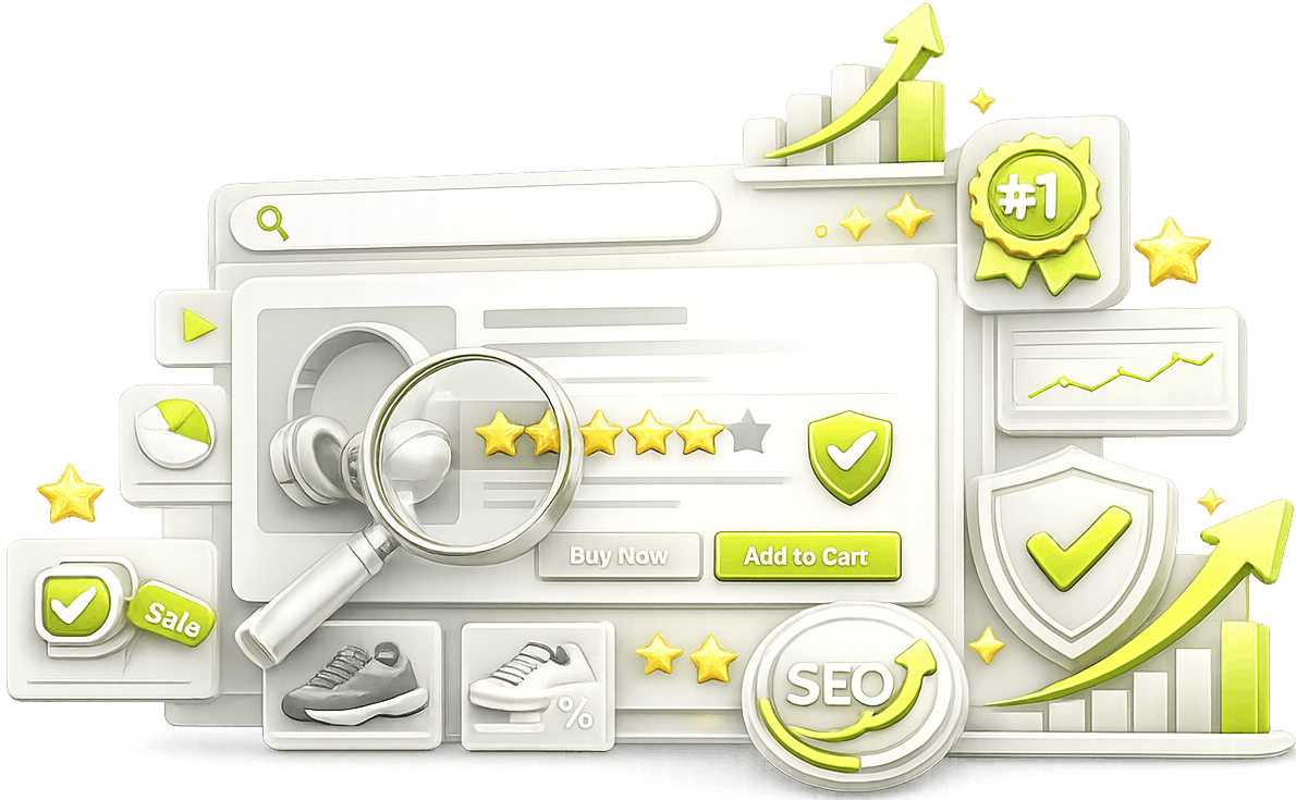 Illustration of a marketplace listing under review: a search bar, a product page with ratings and buy buttons, and a rising ranking chart.