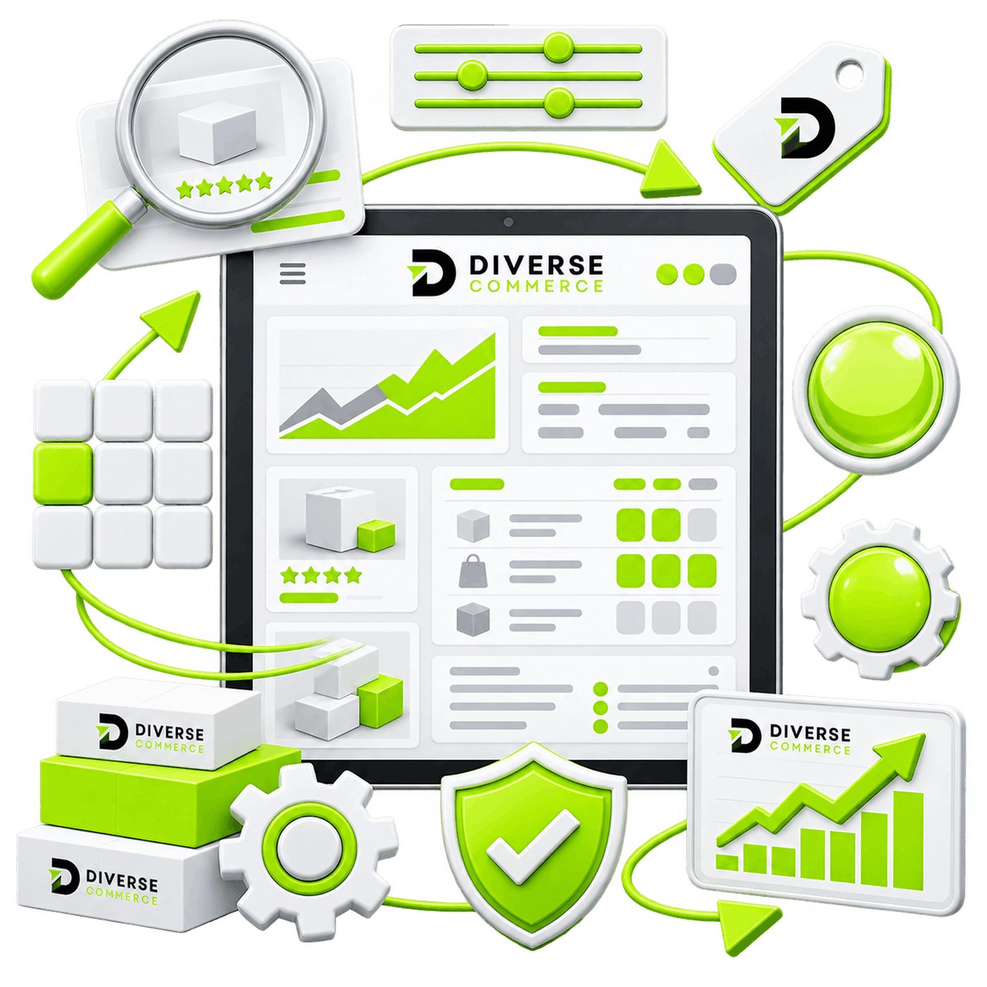 Illustration of ongoing store optimisation: a tablet showing a listing dashboard and rising performance chart, surrounded by a magnifier over a product review, setting sliders, a price tag, a gear and a compliance shield.