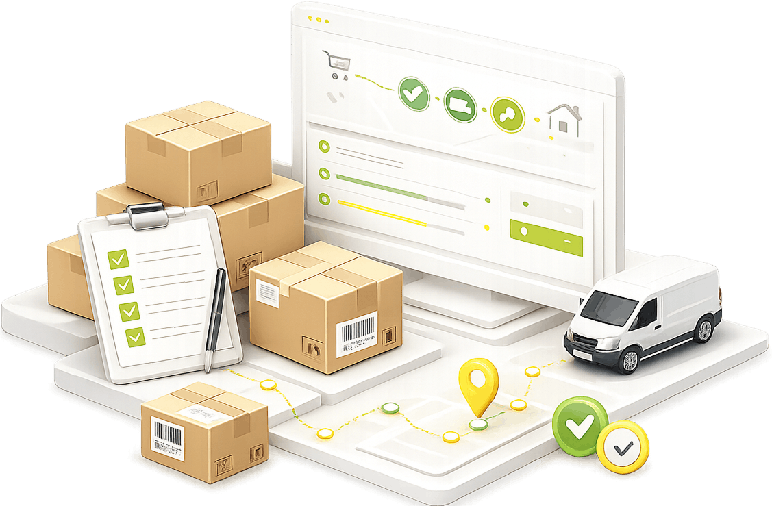 Illustration of order fulfilment: parcels and a picking checklist beside a tracking dashboard showing an order moving from checkout to a delivery van.