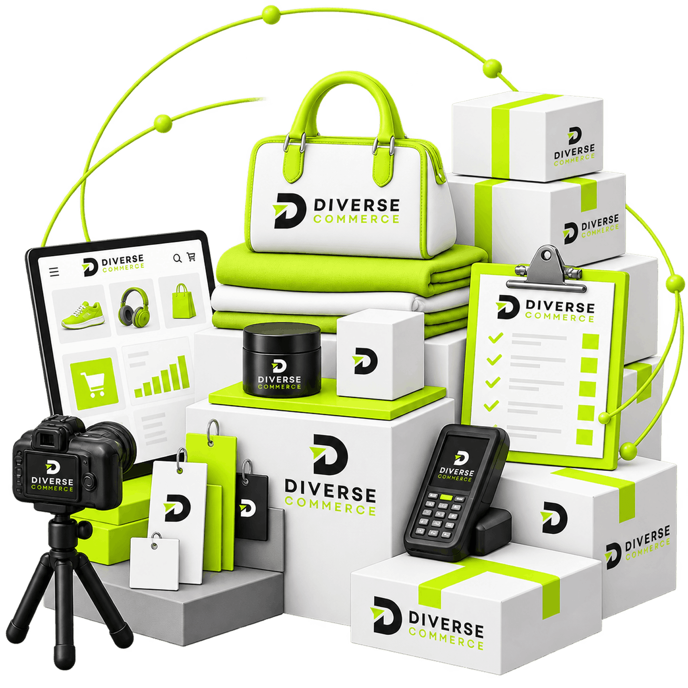 Illustration of catalogue and supply work: a camera on a tripod and colour swatches beside product samples, a tablet of listing layouts, a barcode scanner, a stock checklist and stacked supplier cartons.