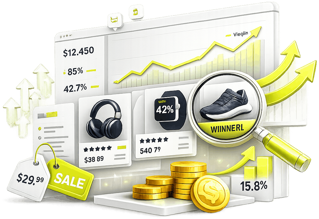 Illustration of a product research dashboard: a margin trend chart, candidate products under a magnifier, price tags and stacked coins.