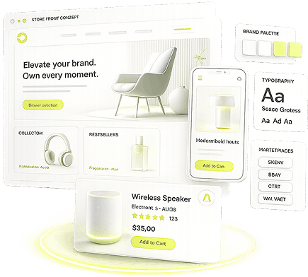Illustration of a storefront concept: a desktop store design with a brand palette, type scale and marketplace list, plus a mobile listing and a product card.