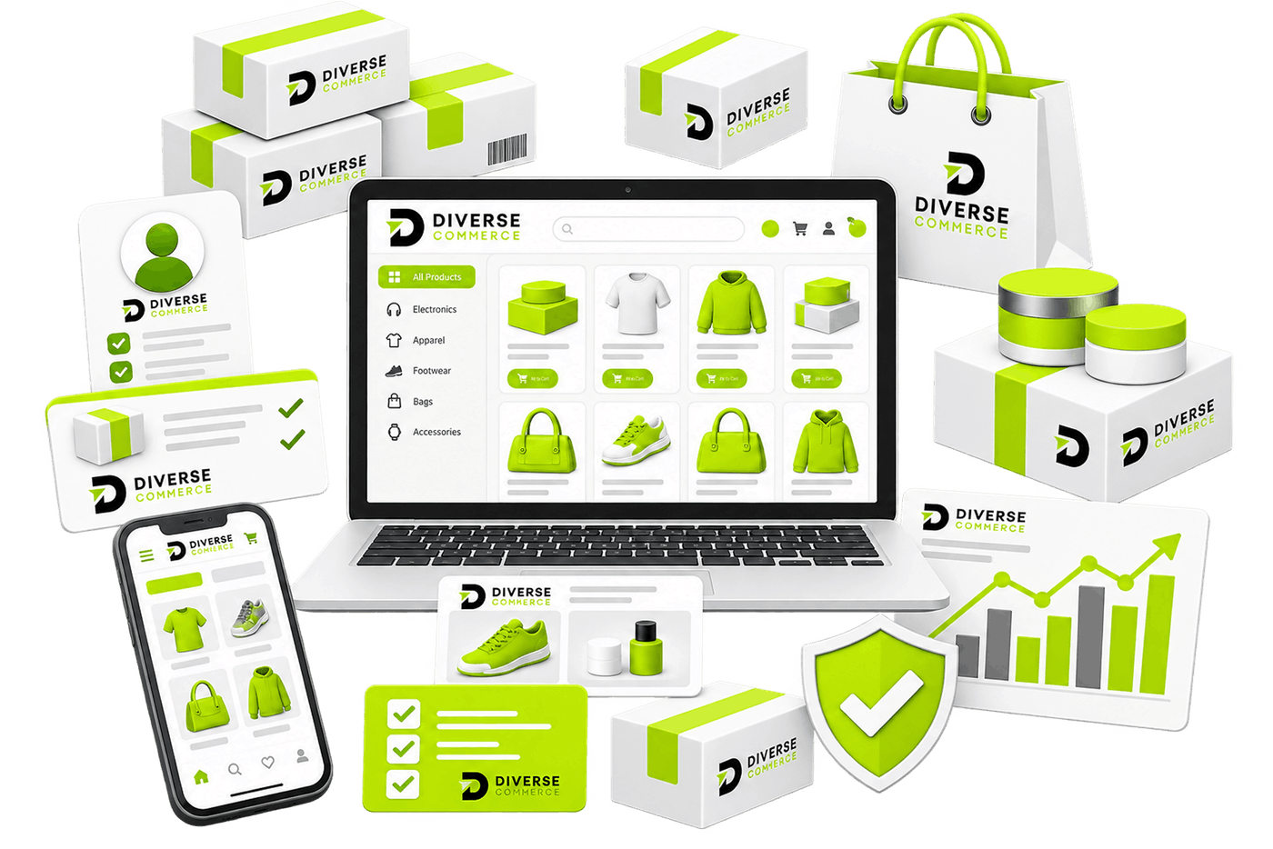 Illustration of a store being built and run: a laptop showing a product grid, surrounded by a mobile storefront, a customer record, order checklists, a performance chart, packed parcels and a compliance shield.