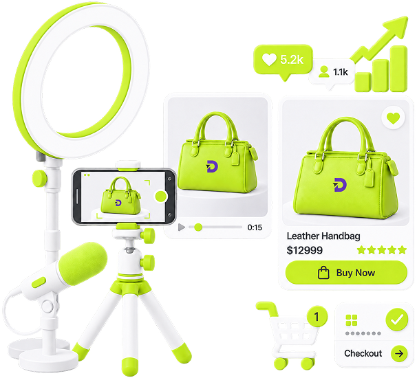 Illustration of a product content set-up: a ring light, phone on a tripod and microphone shooting a handbag, beside the resulting video post and product listing.