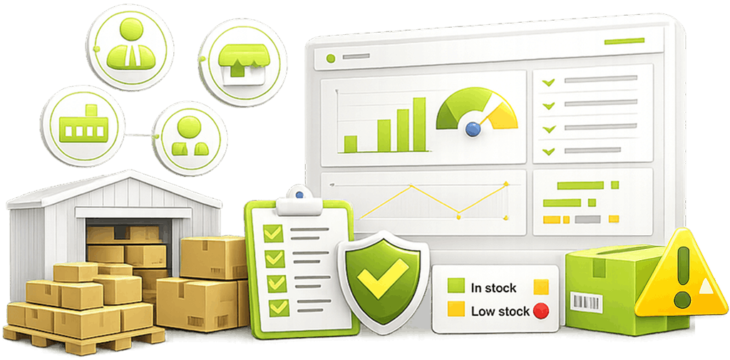 Illustration of supplier coordination: a warehouse and pallets, a supplier network, a stock dashboard and a delayed-shipment alert.