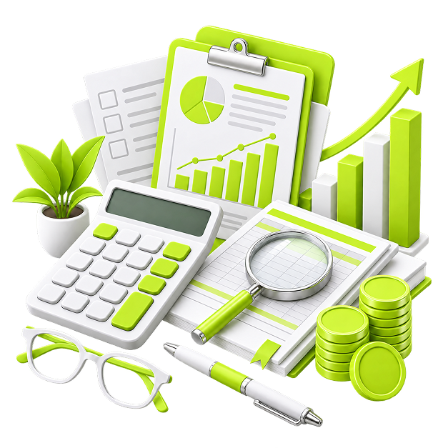 Illustration of a calculator, ledgers, a pie chart and stacked coins arranged around a rising bar chart.