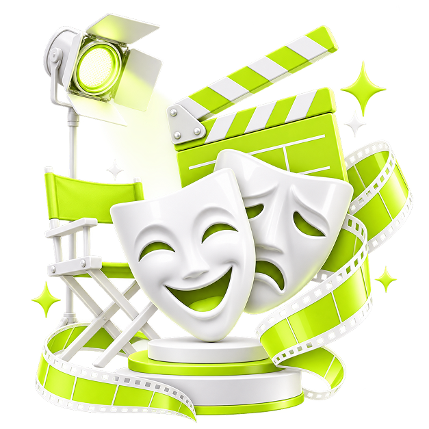 Illustration of comedy and tragedy masks on a plinth, with a clapperboard, film reel, studio light and director’s chair behind them.